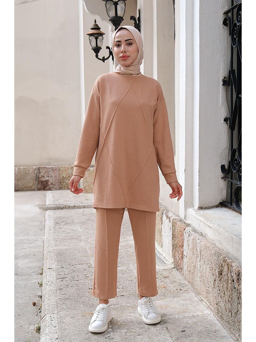 Bej Baklava Desenli İkili Takım Vizon