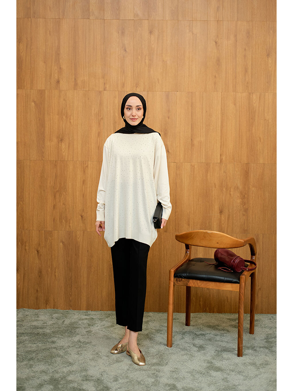 Ekru Kadın Taş Detay Triko Tunik Krem-3
