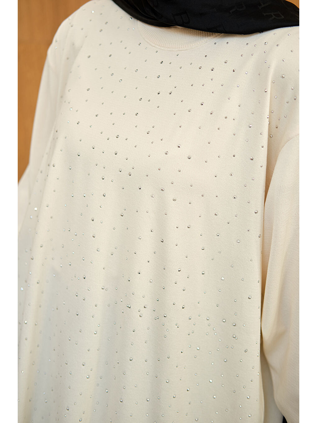 Ekru Kadın Taş Detay Triko Tunik Krem-4