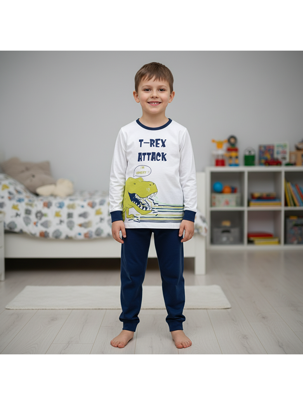 Beyaz Çocuk Dinozor Baskılı 2'Li Takım Cb1002-3