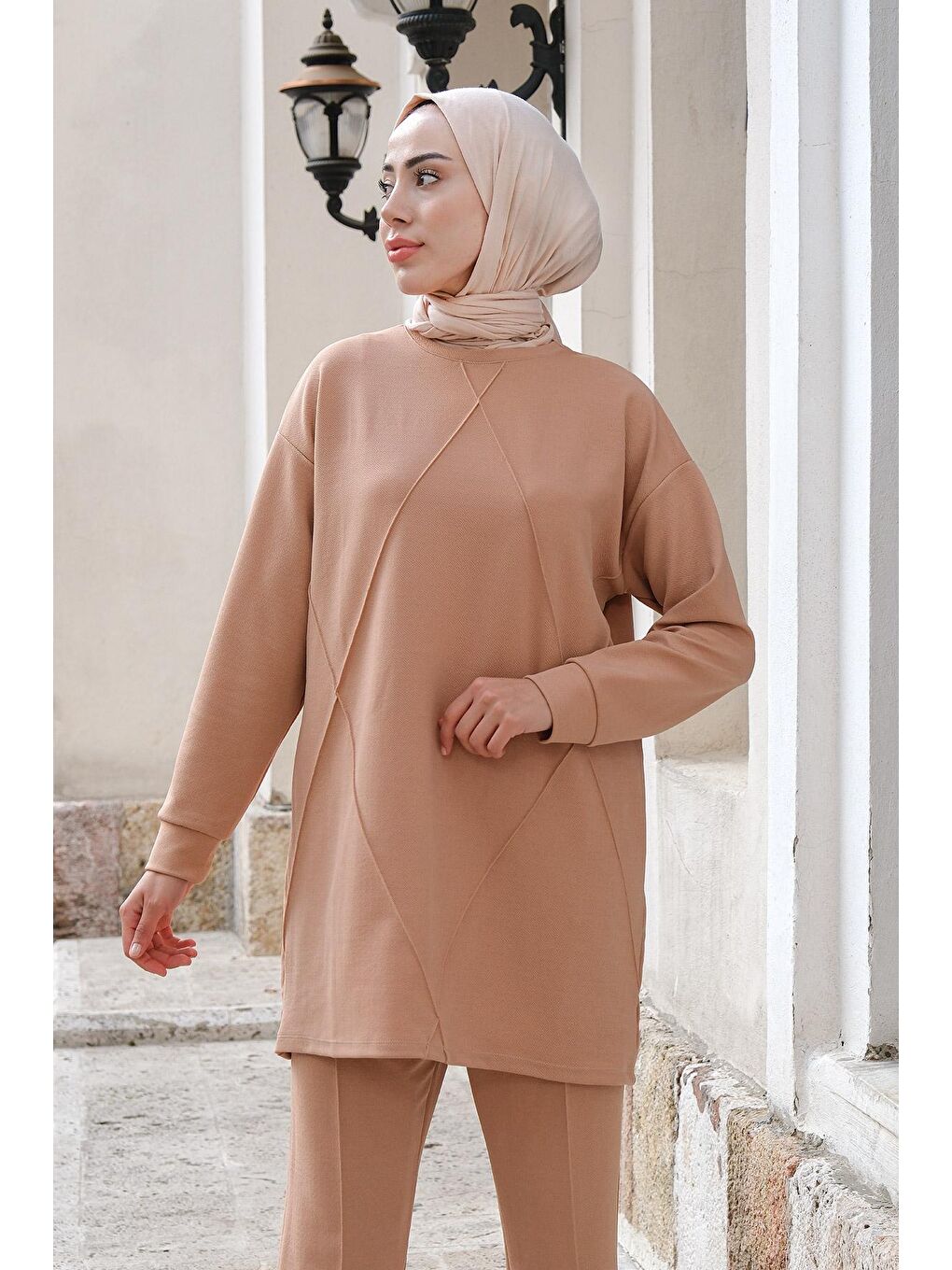 Bej Baklava Desenli İkili Takım Vizon-1