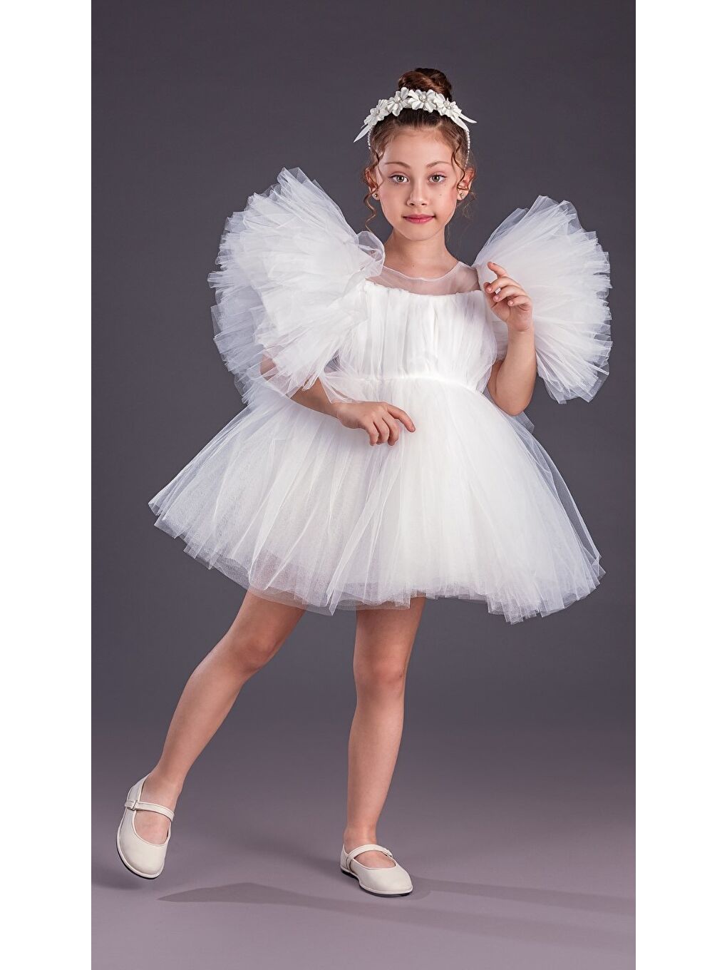 Beyaz Tütü Etekli Kabarık Kollu Komotini Taçlı Kız Çocuk Abiye Elbise MNK0582-9