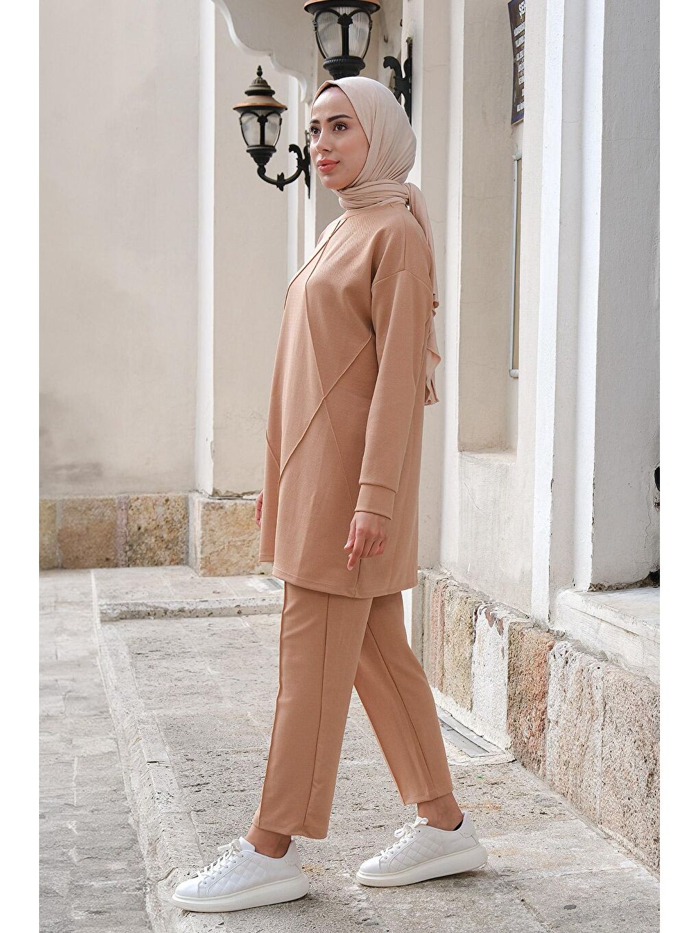 Bej Baklava Desenli İkili Takım Vizon-2