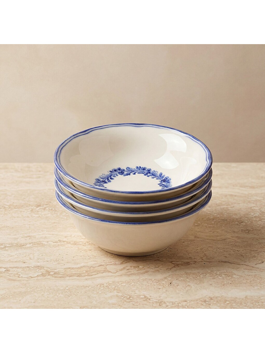 Ekru Yaprak Desenli 14 Cm 4lü Çorba Ve Salata Kasesi Seti 6312-1