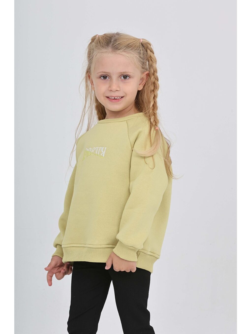 Yeşil Kız Çocuk Nakışlı Bisiklet Yaka Reglan Kol  Sweatshırt 24909-1