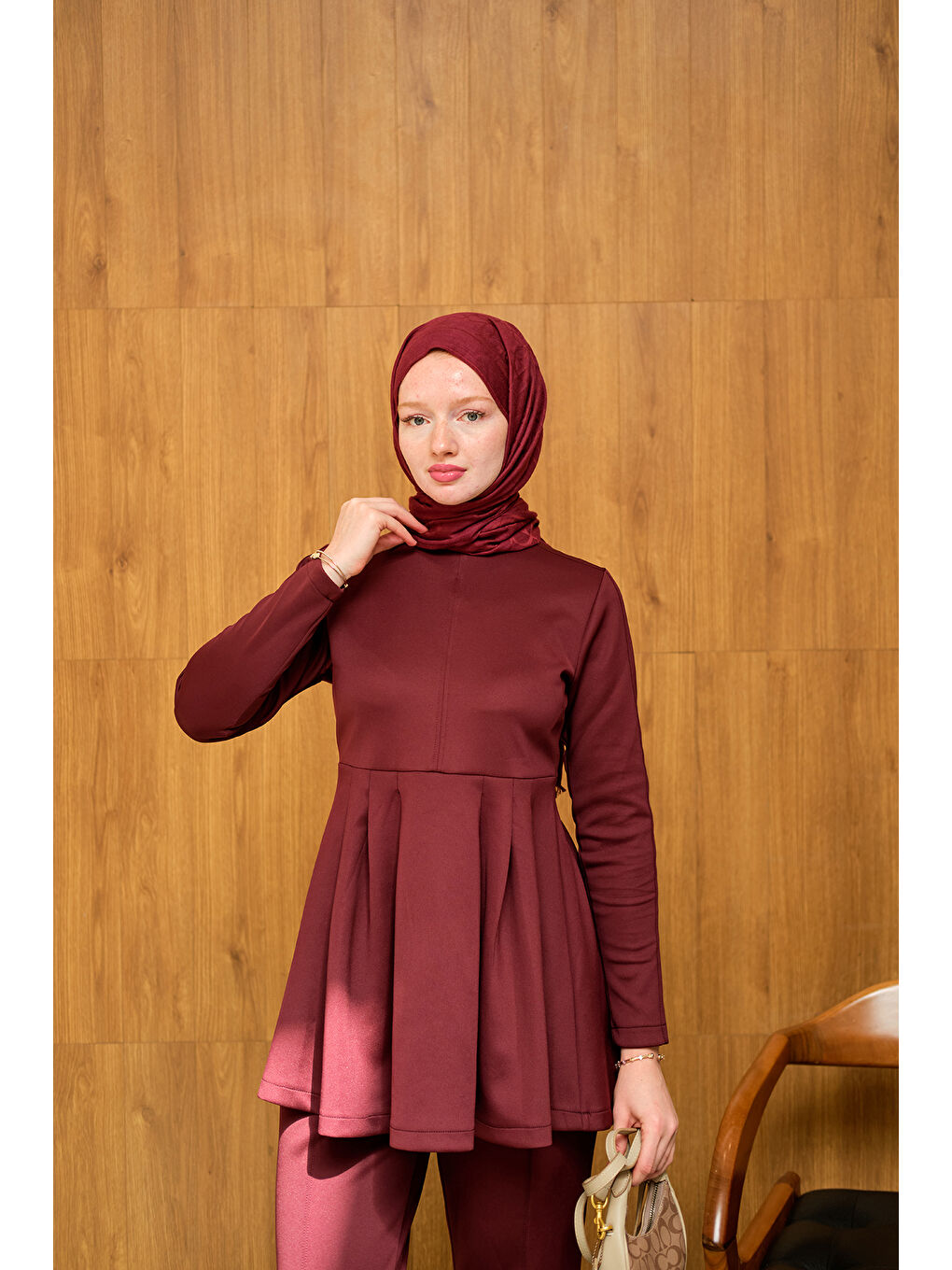 Kadın Dikiş Detaylı Pileli Takım Bordo-1