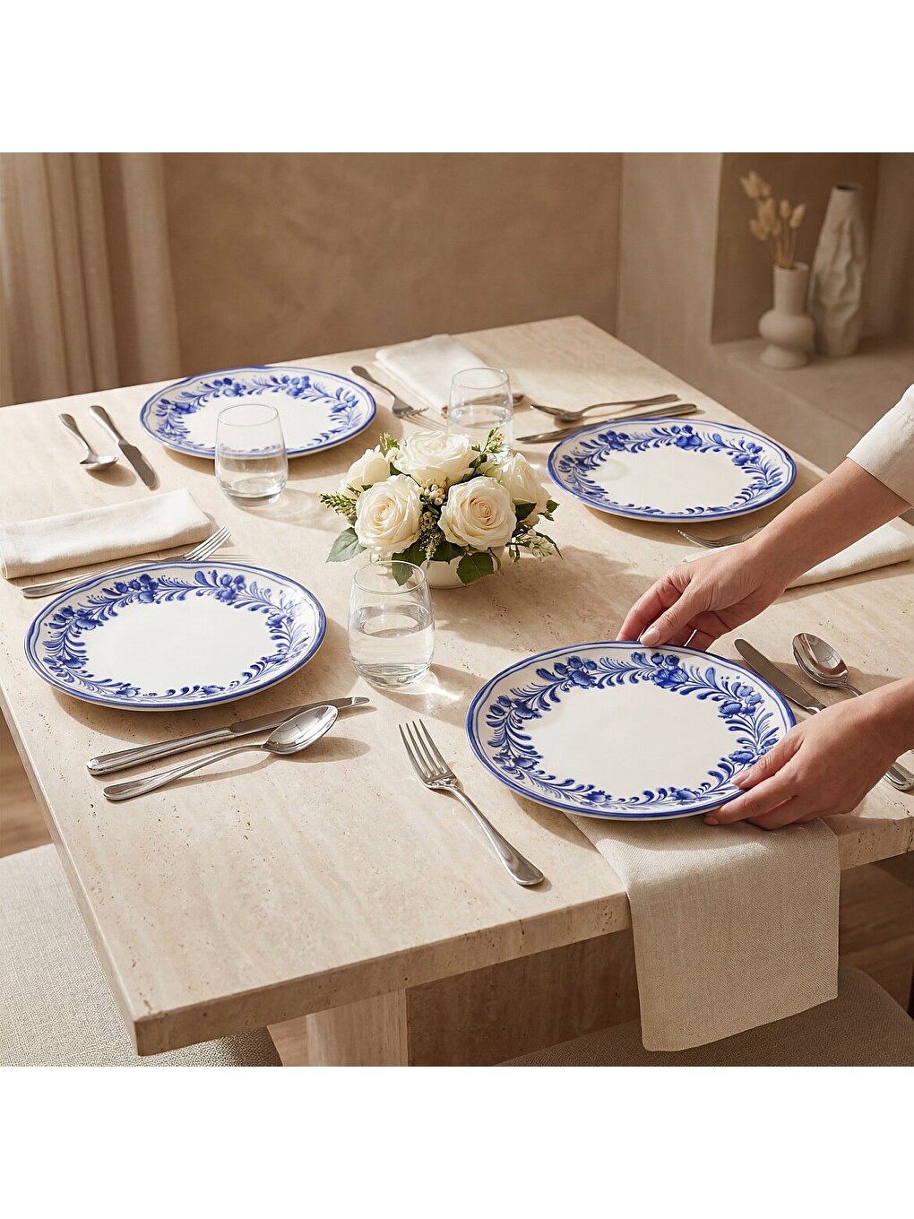 Ekru Yaprak Desenli 25 Cm 4lü Düz Servis Tabağı 6312