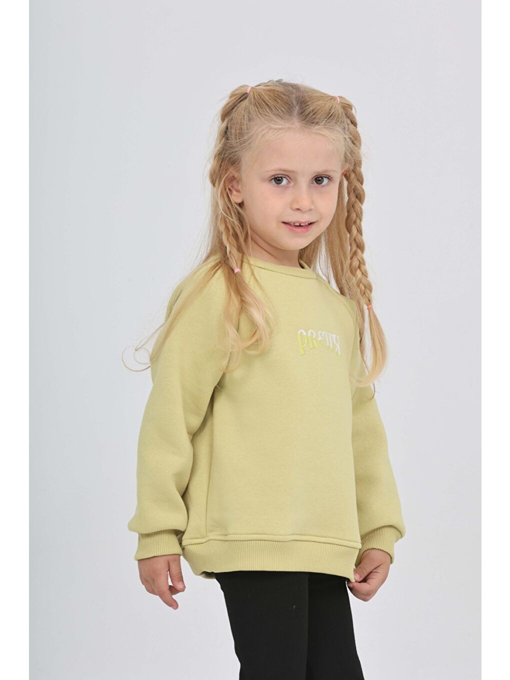 Yeşil Kız Çocuk Nakışlı Bisiklet Yaka Reglan Kol  Sweatshırt 24909-3