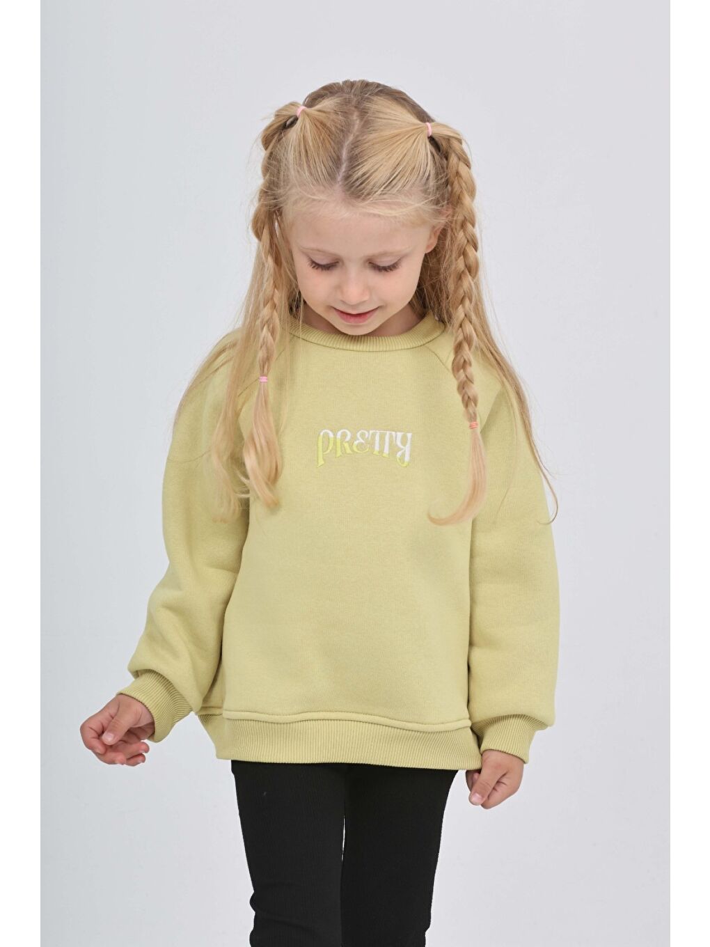 Yeşil Kız Çocuk Nakışlı Bisiklet Yaka Reglan Kol  Sweatshırt 24909-4