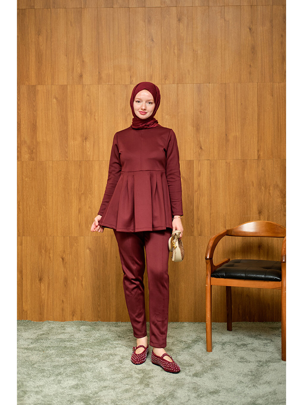 Kadın Dikiş Detaylı Pileli Takım Bordo-2