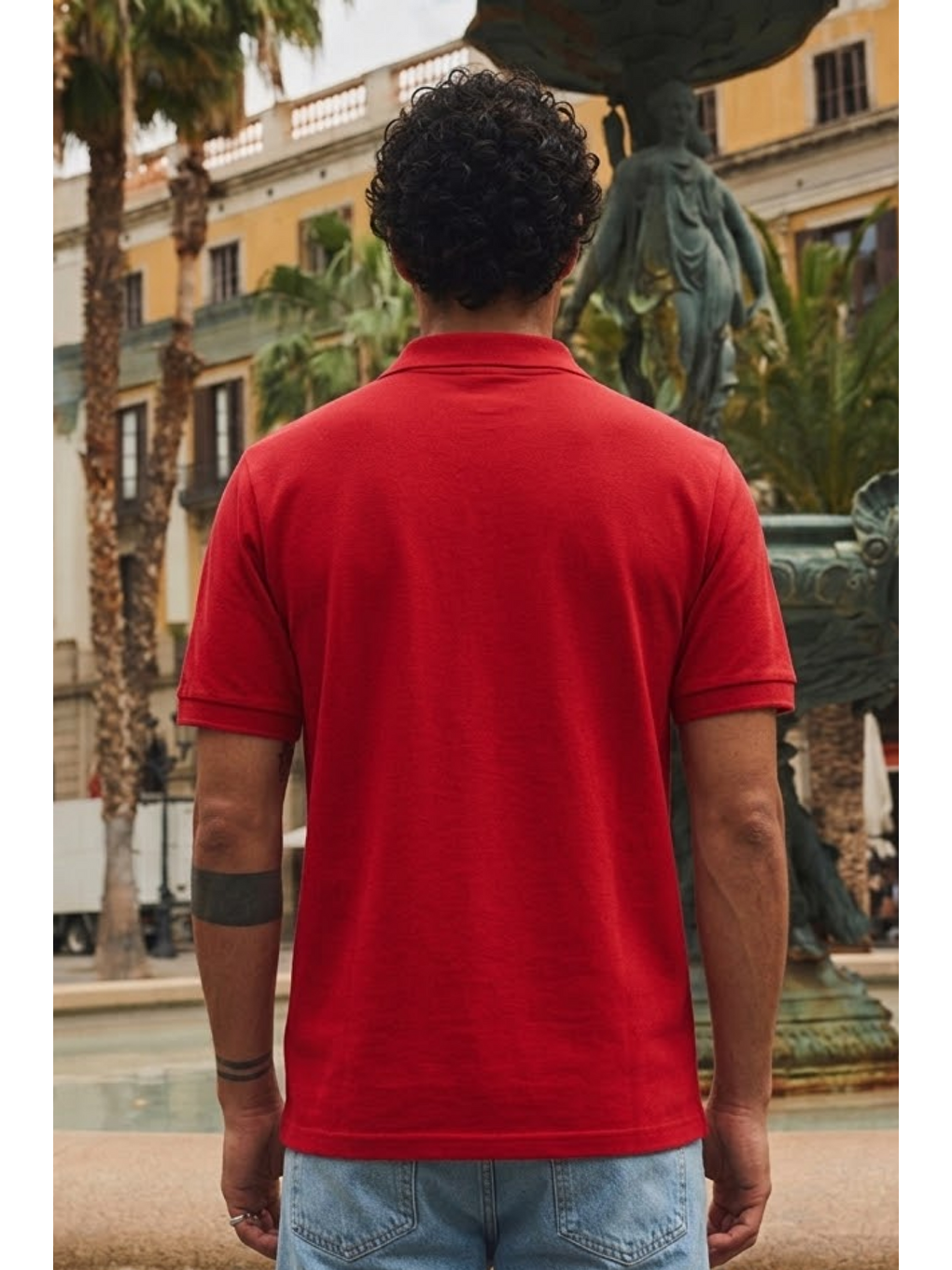 Erkek Sokak Stili Kırmızı Polo Yaka Tişört-4