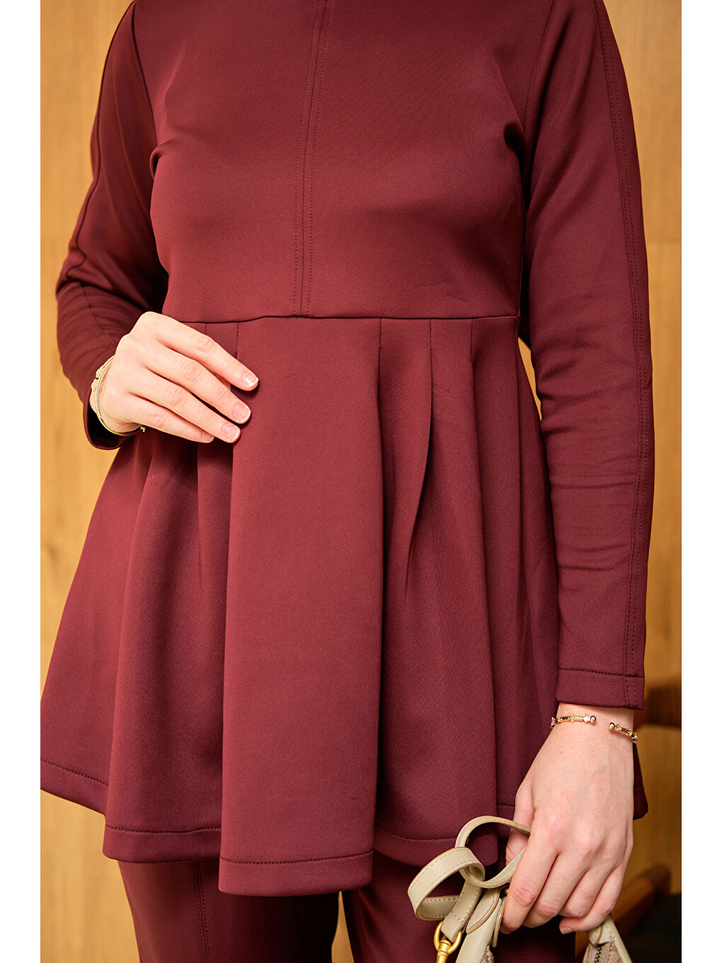 Kadın Dikiş Detaylı Pileli Takım Bordo-4