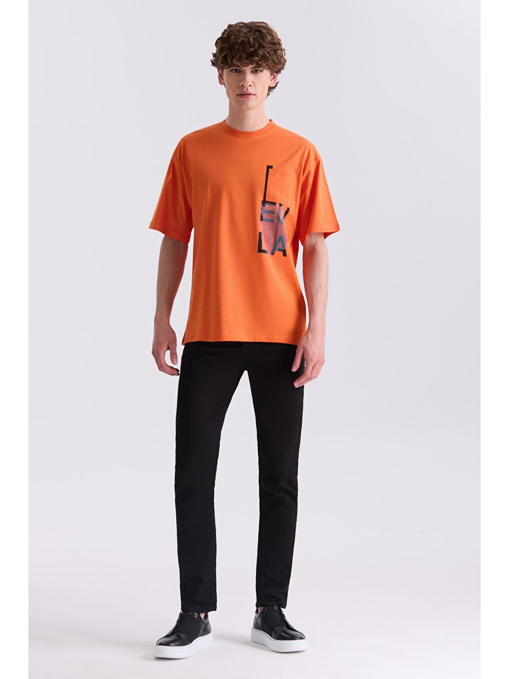 Turuncu Oranj Yazı Baskılı Bisiklet Yaka T-Shirt-1