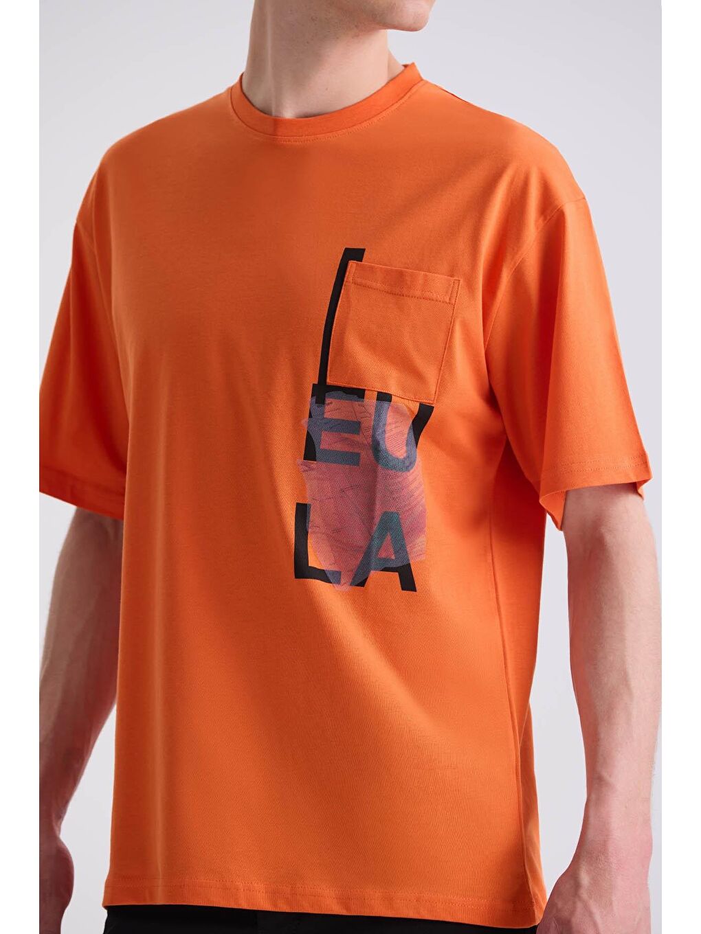 Turuncu Oranj Yazı Baskılı Bisiklet Yaka T-Shirt-2