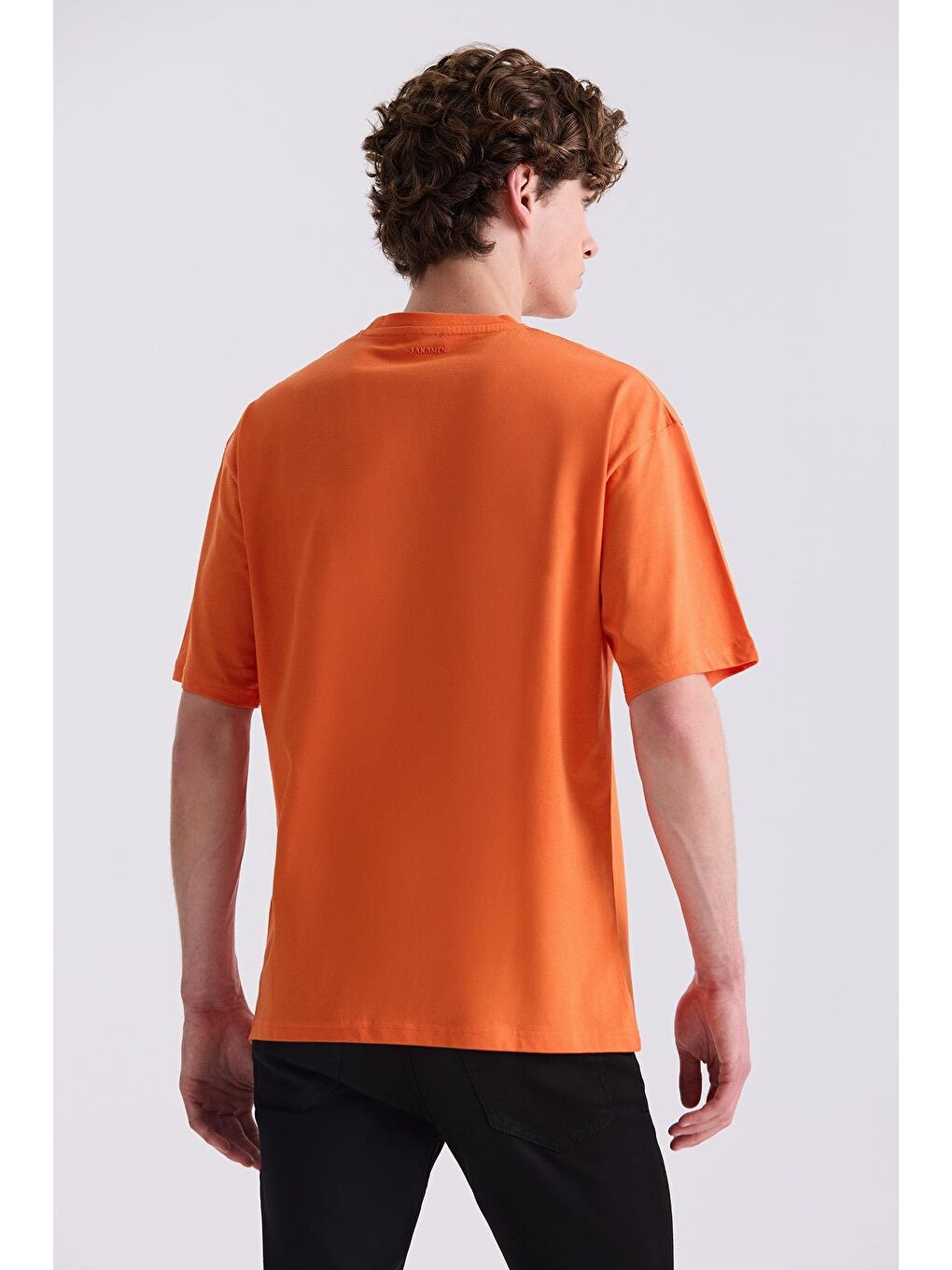 Turuncu Oranj Yazı Baskılı Bisiklet Yaka T-Shirt-3