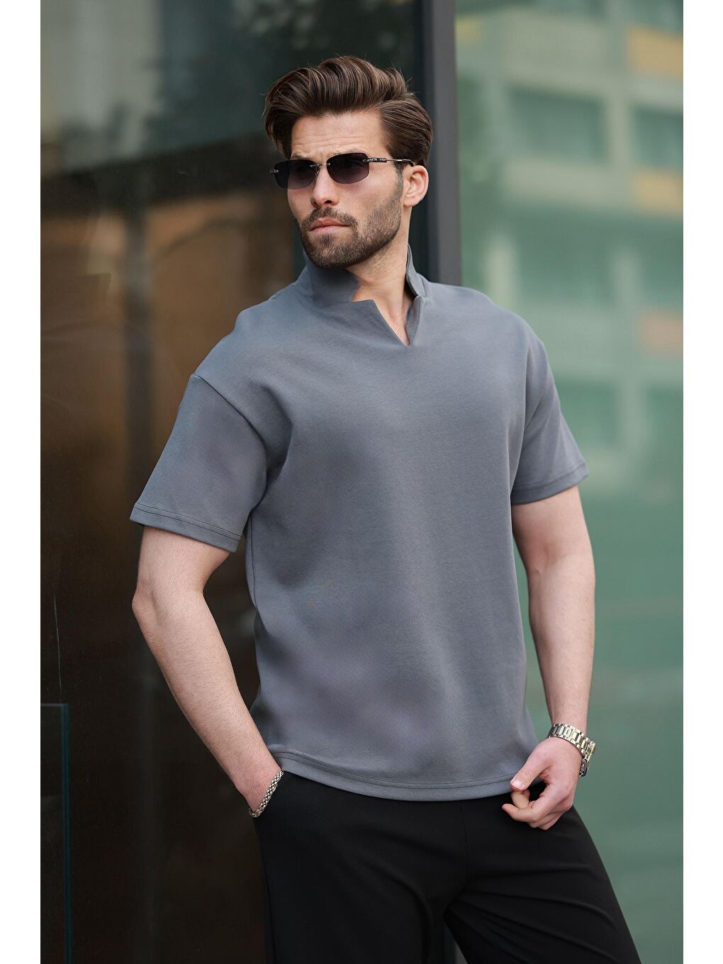 Gri Füme Polo Yaka Erkek Basic T-Shirt E7145