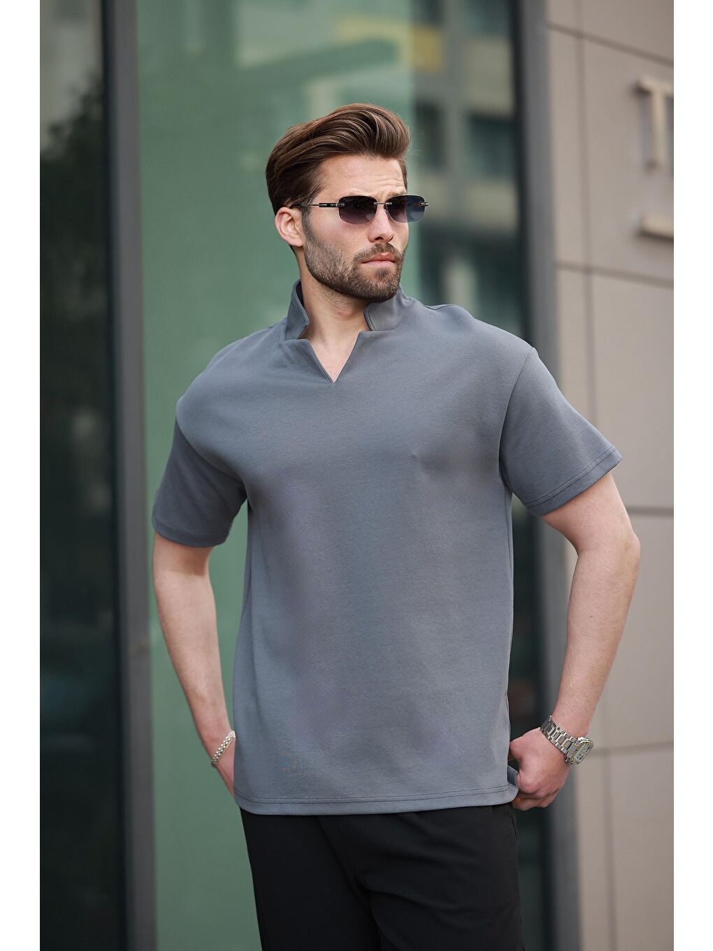 Gri Füme Polo Yaka Erkek Basic T-Shirt E7145-1
