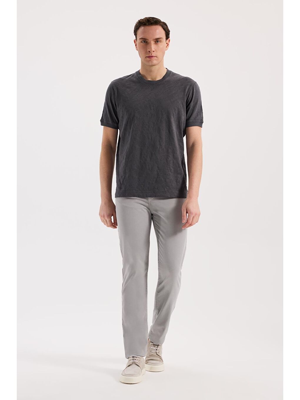 Gri Füme Slim Fit Bisiklet Yaka Desenli %100 Pamuk T-Shirt-1