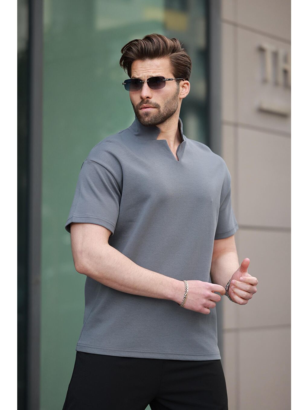 Gri Füme Polo Yaka Erkek Basic T-Shirt E7145-2