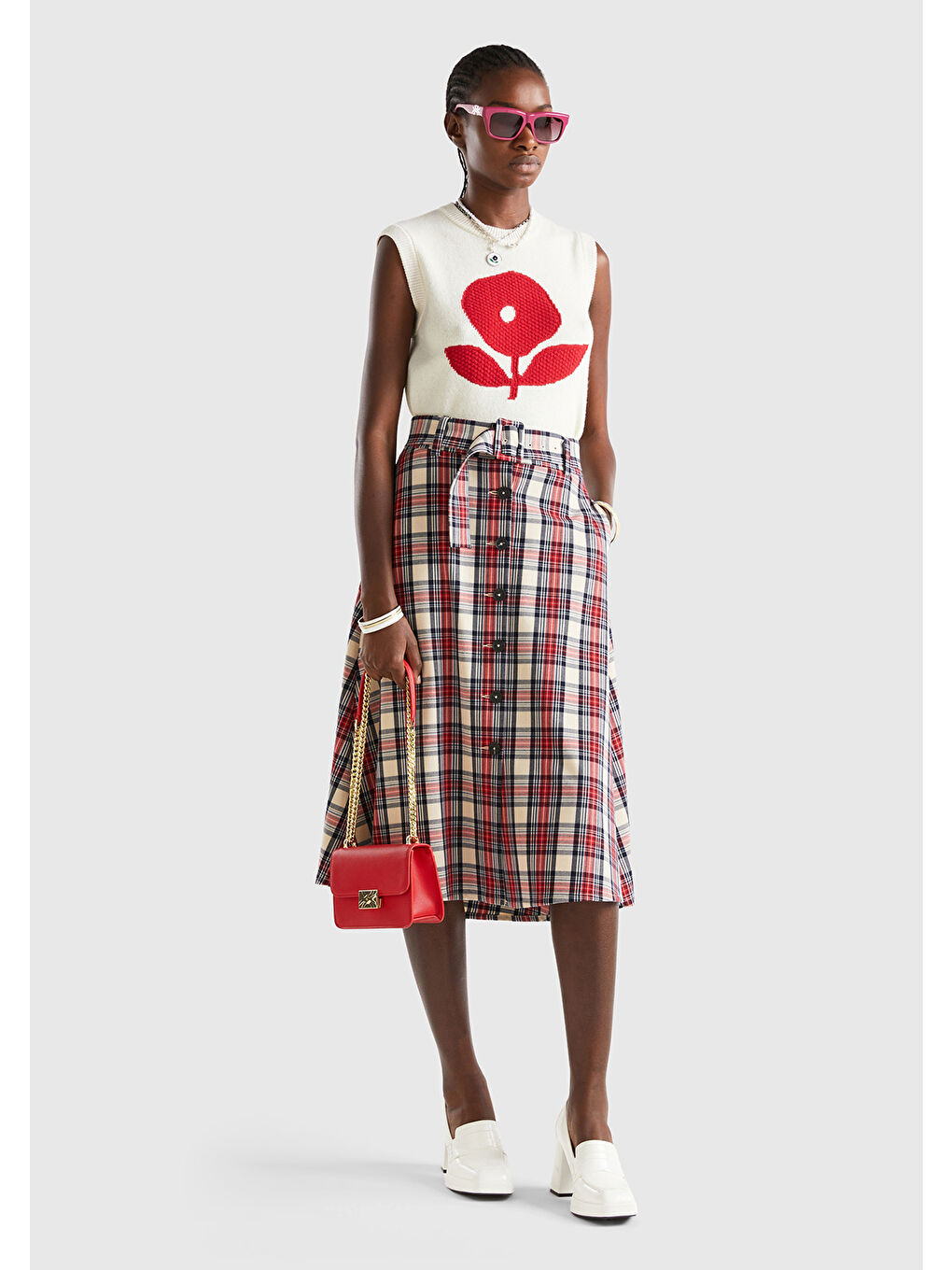 Kahverengi Kadın Taba Mix Ekose Desenli Kemerli Önden Düğmeli Midi Boy Etek-4