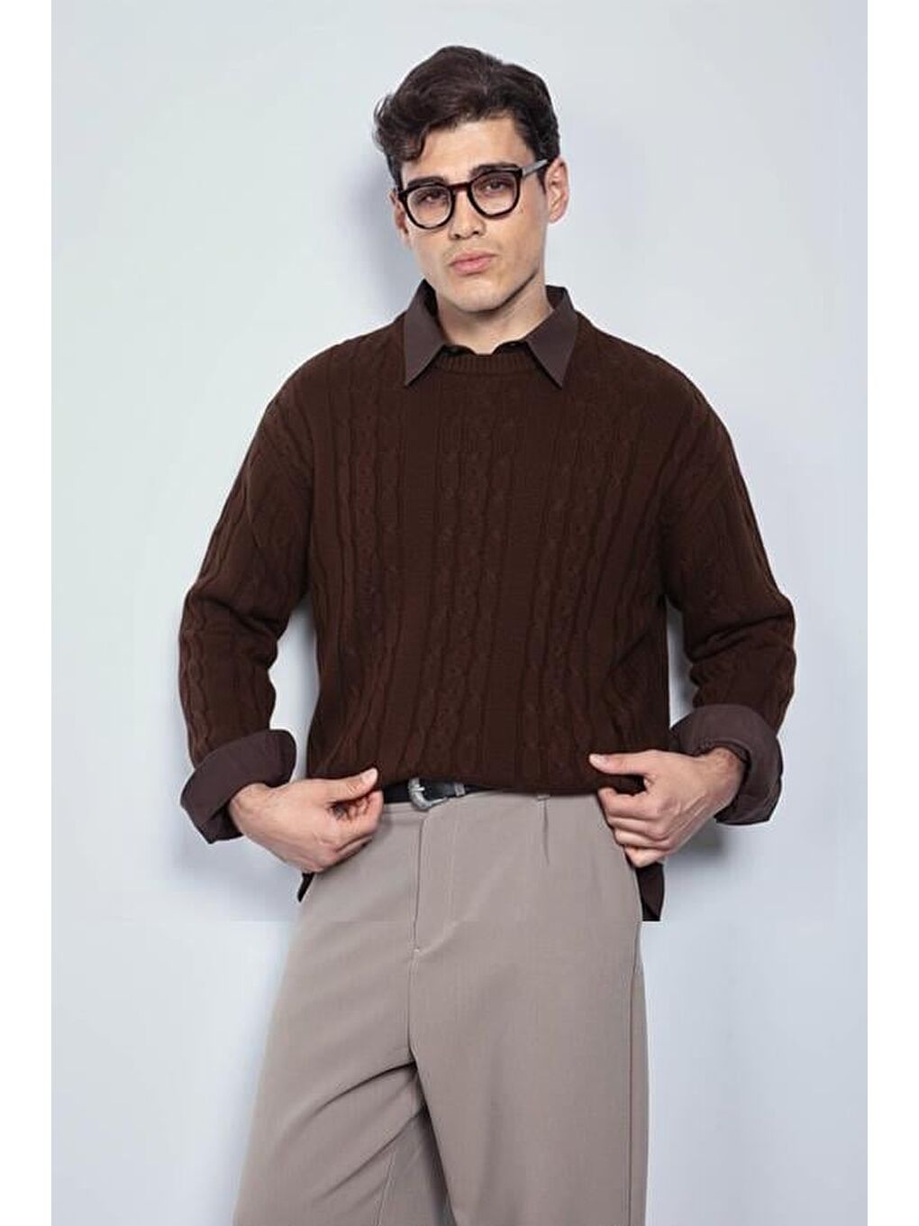 Erkek Oversize Örgü Desenli Triko Kazak Kahverengi