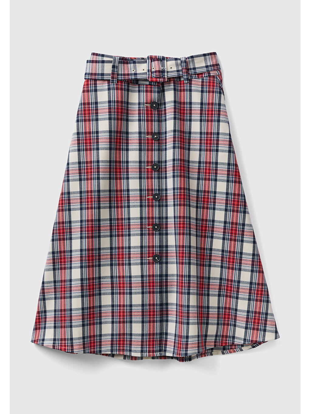 Kahverengi Kadın Taba Mix Ekose Desenli Kemerli Önden Düğmeli Midi Boy Etek-1