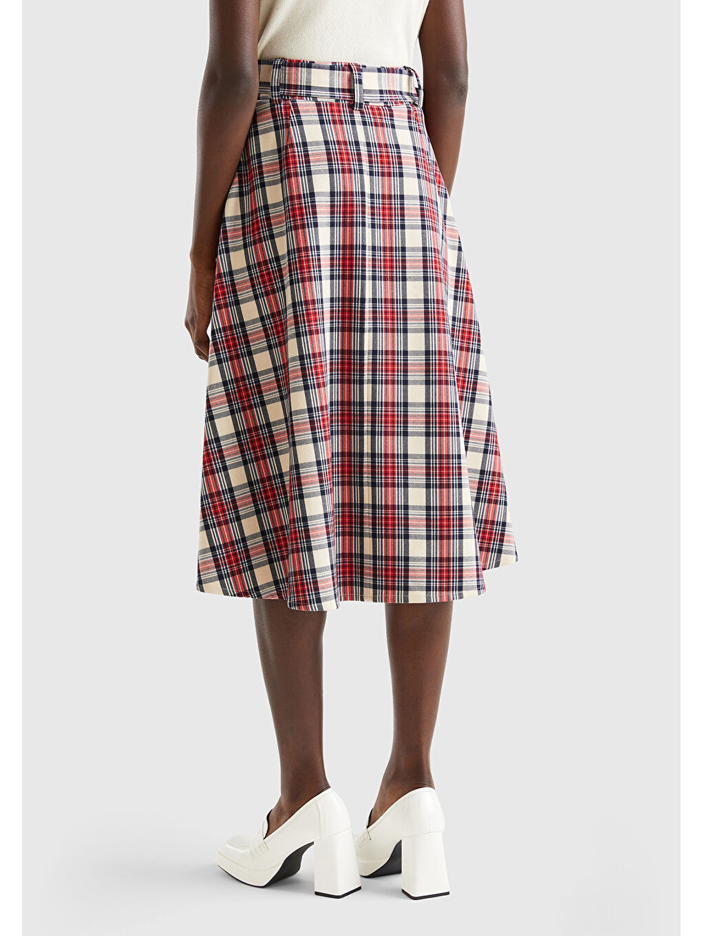 Kahverengi Kadın Taba Mix Ekose Desenli Kemerli Önden Düğmeli Midi Boy Etek-2