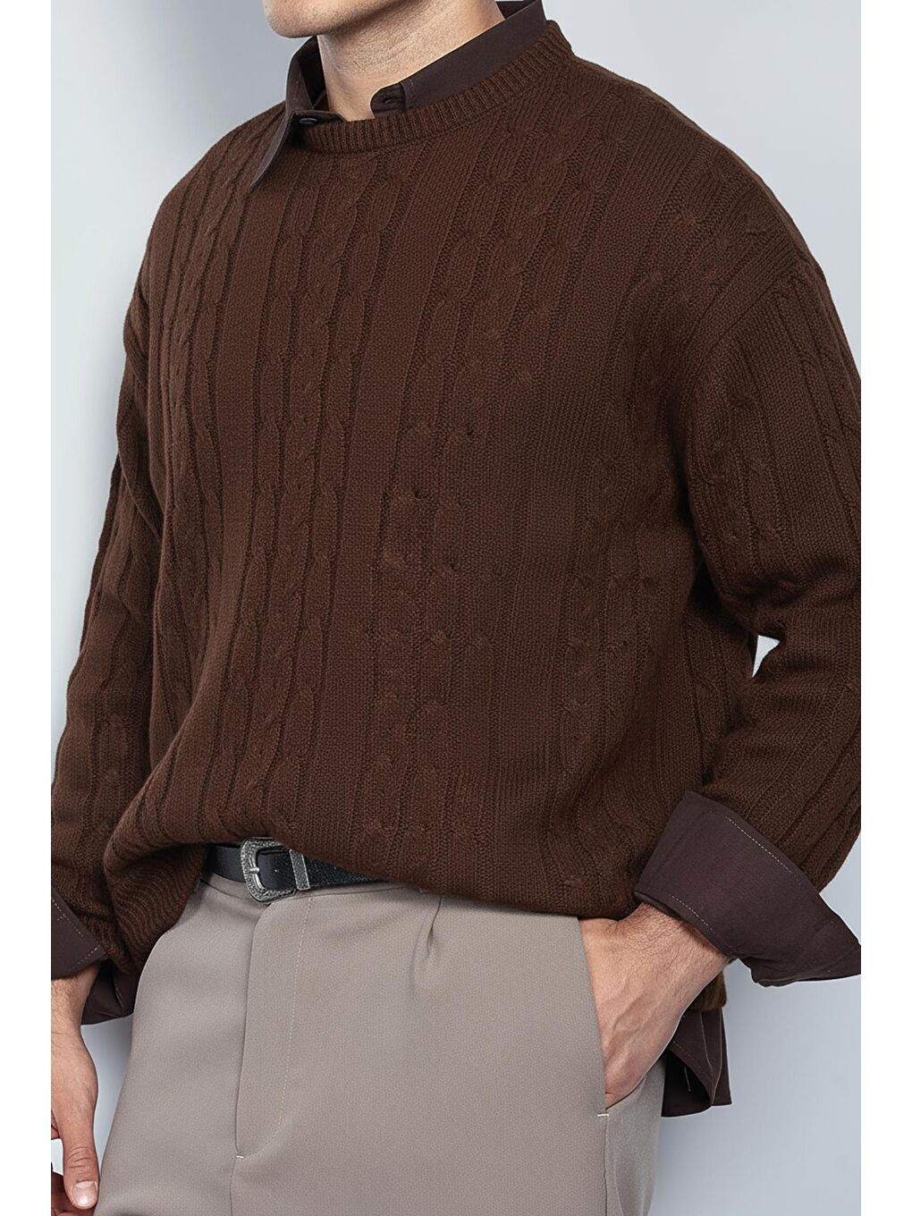 Erkek Oversize Örgü Desenli Triko Kazak Kahverengi-1