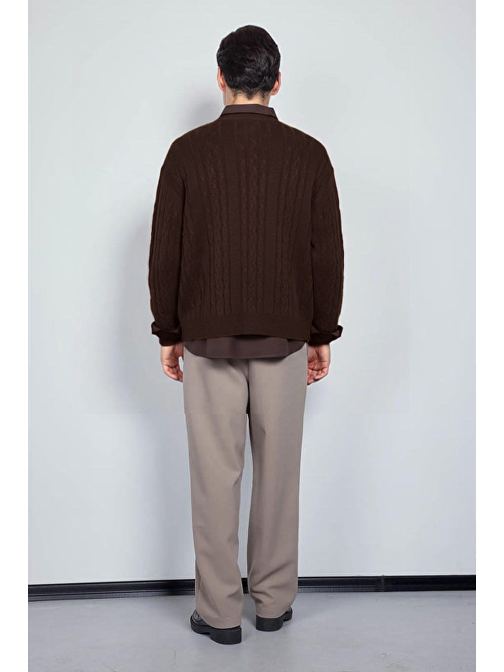 Erkek Oversize Örgü Desenli Triko Kazak Kahverengi-2