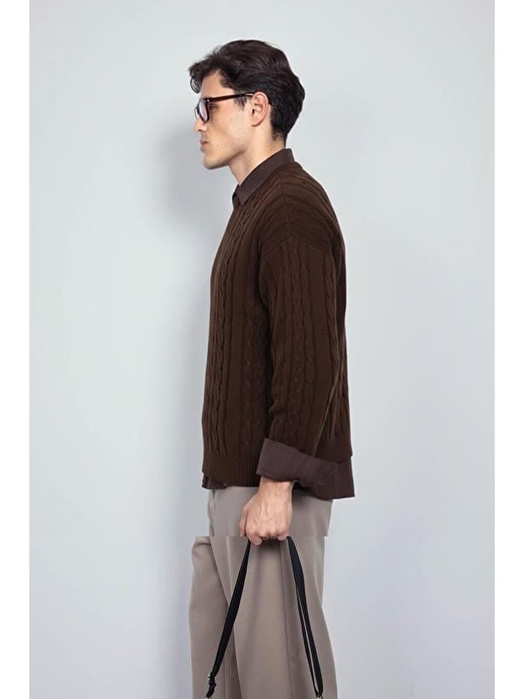 Erkek Oversize Örgü Desenli Triko Kazak Kahverengi-3