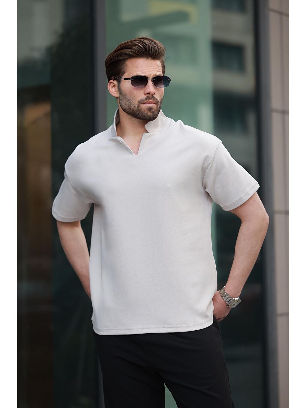 Bej Taş Rengi Polo Yaka Erkek Basic T-Shirt E7145