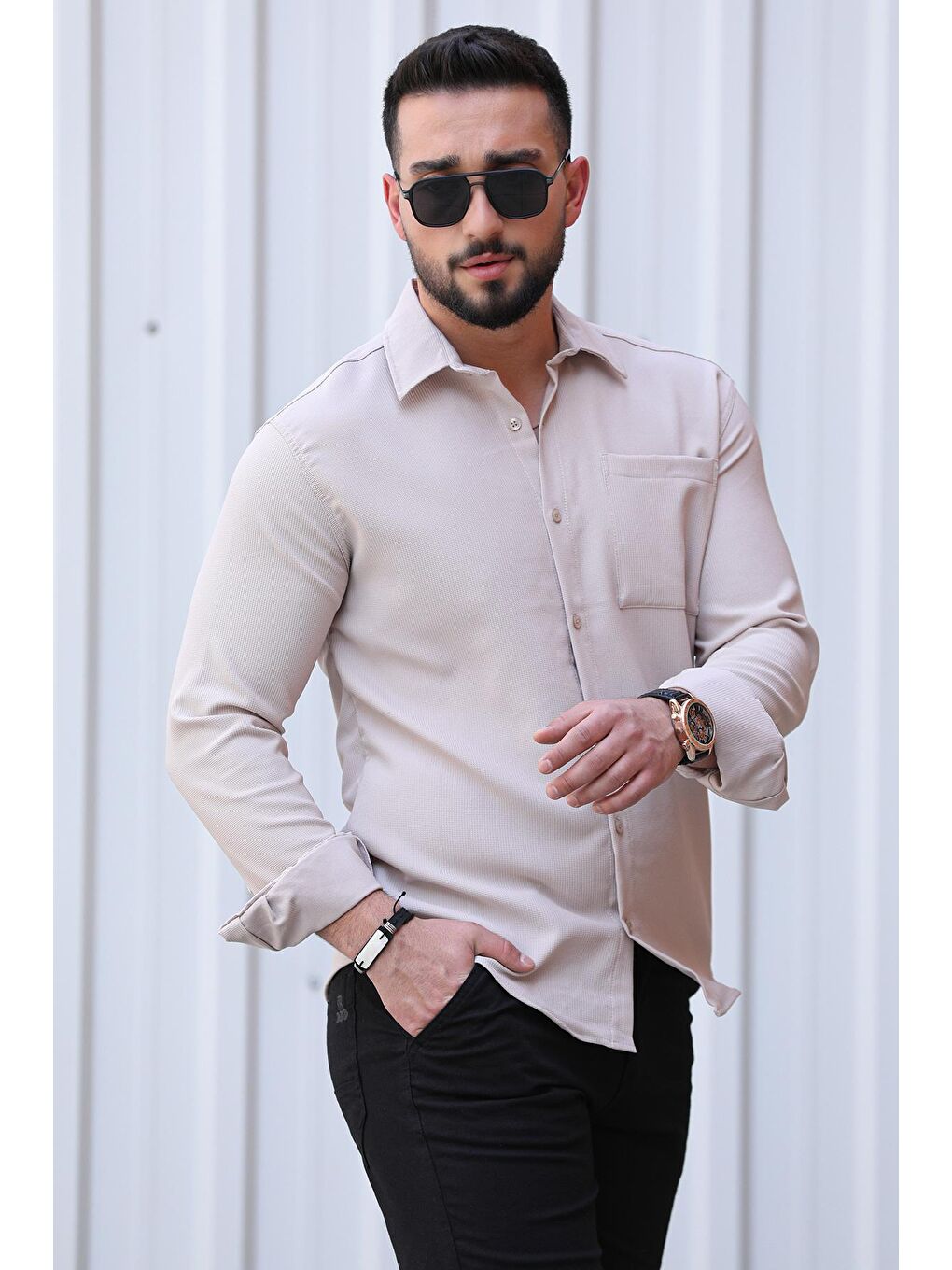 Bej Normal Kalıp Kendinden Desenli Tek Cepli Uzun Kollu Erkek Gömlek-1