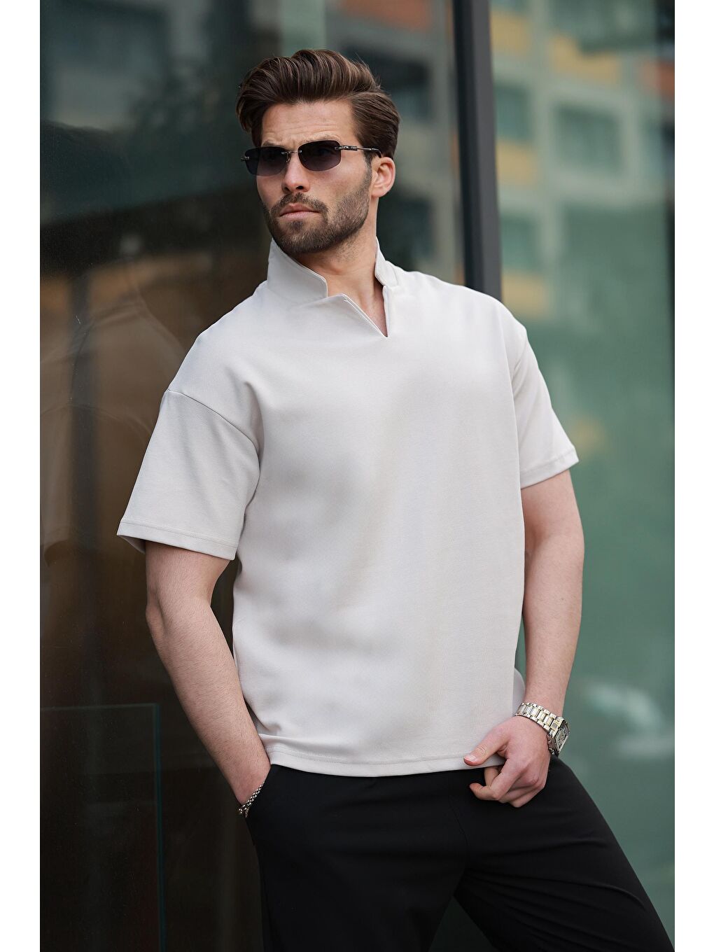 Bej Taş Rengi Polo Yaka Erkek Basic T-Shirt E7145-1