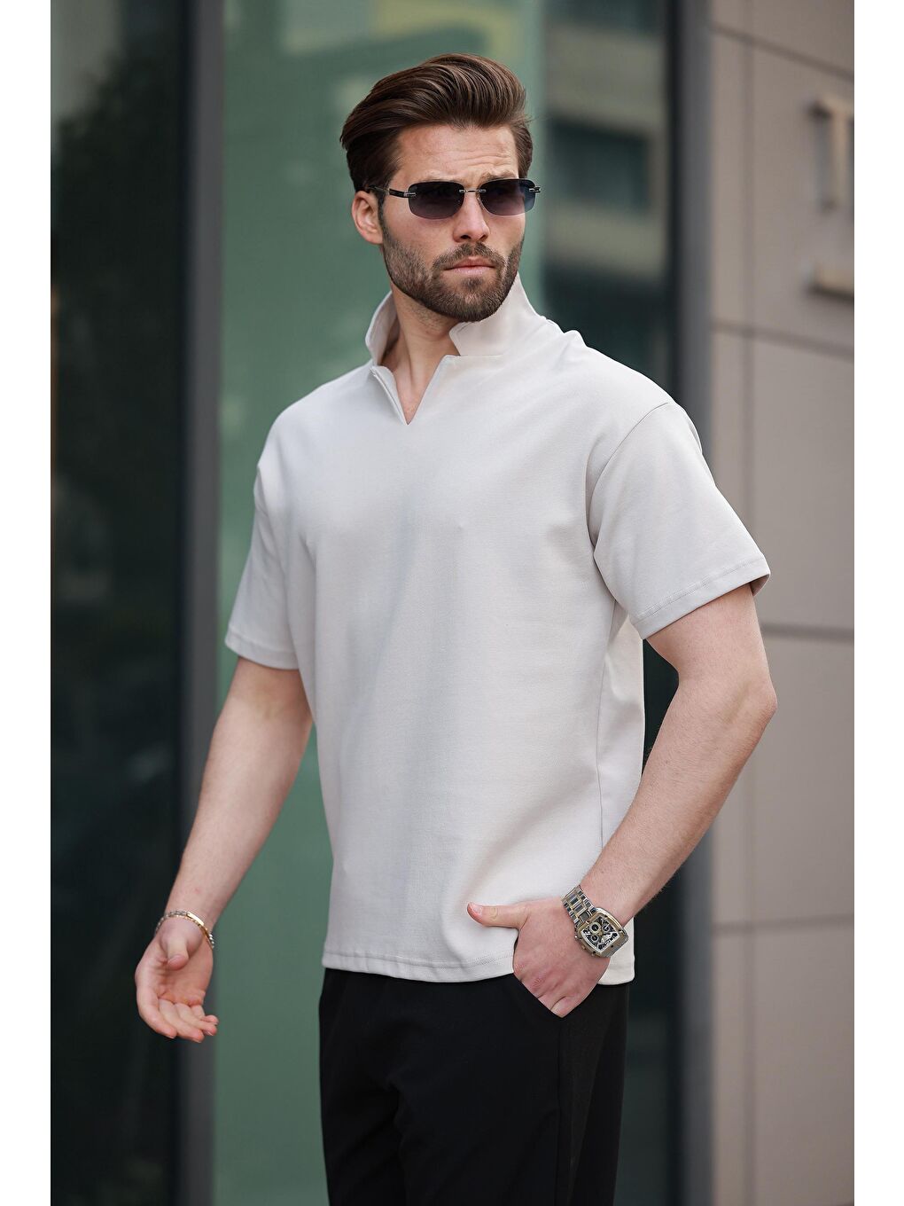 Bej Taş Rengi Polo Yaka Erkek Basic T-Shirt E7145-2
