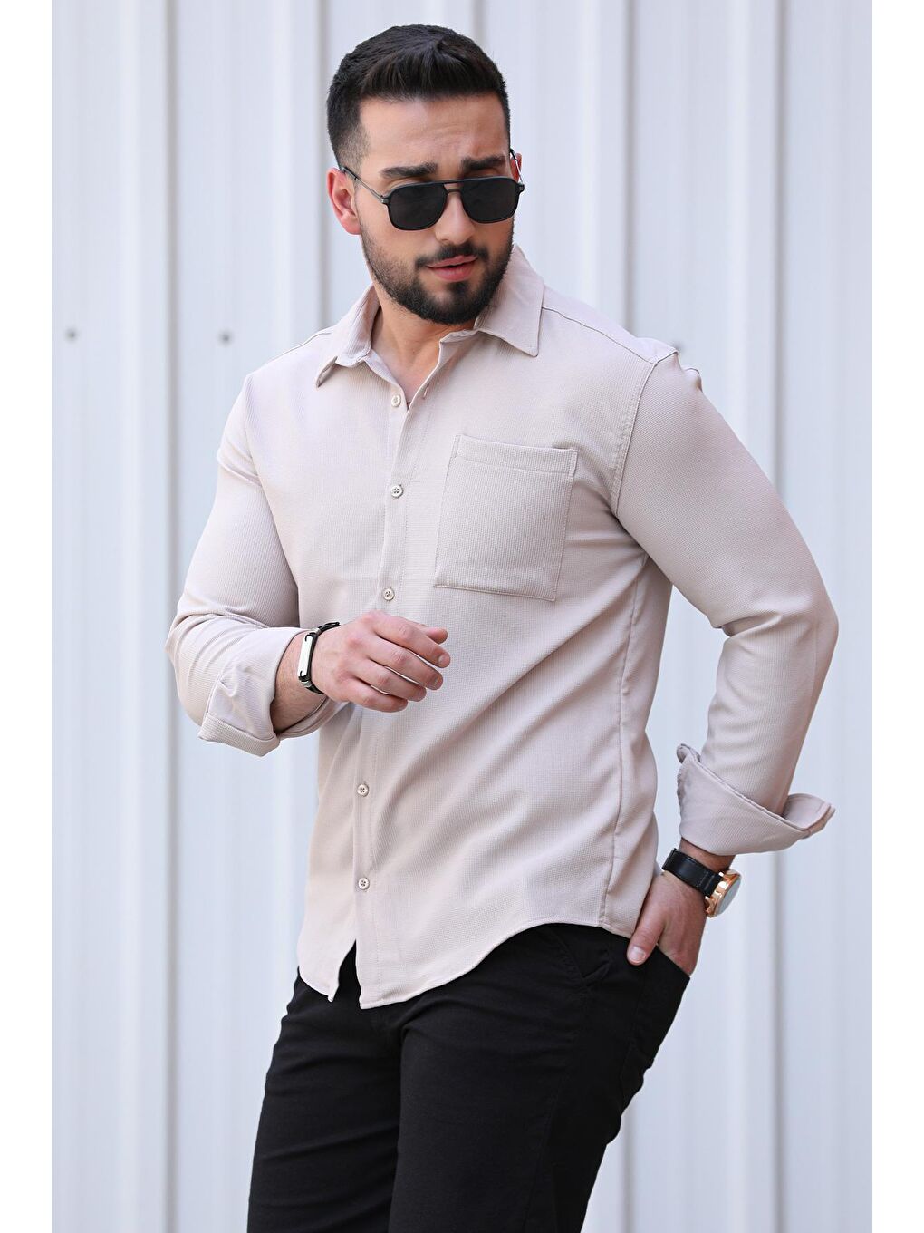 Bej Normal Kalıp Kendinden Desenli Tek Cepli Uzun Kollu Erkek Gömlek-2