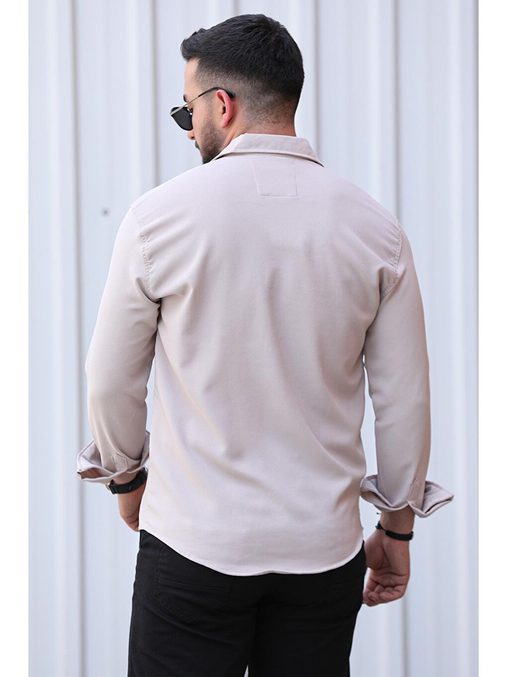 Bej Normal Kalıp Kendinden Desenli Tek Cepli Uzun Kollu Erkek Gömlek-3