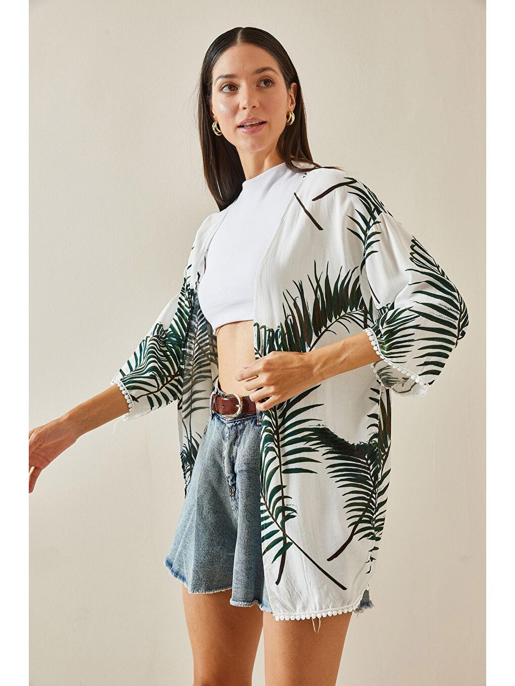 Xhan Yeşil Kolları Güpürlü Palmiye Desenli Kimono 5YXK4-48748-08