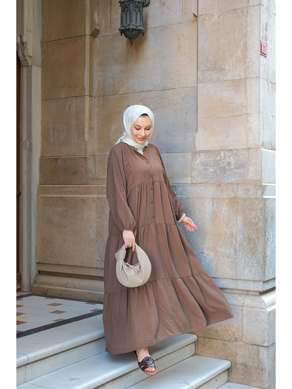 Kadın Kendinden Desenli Elbise Kahverengi