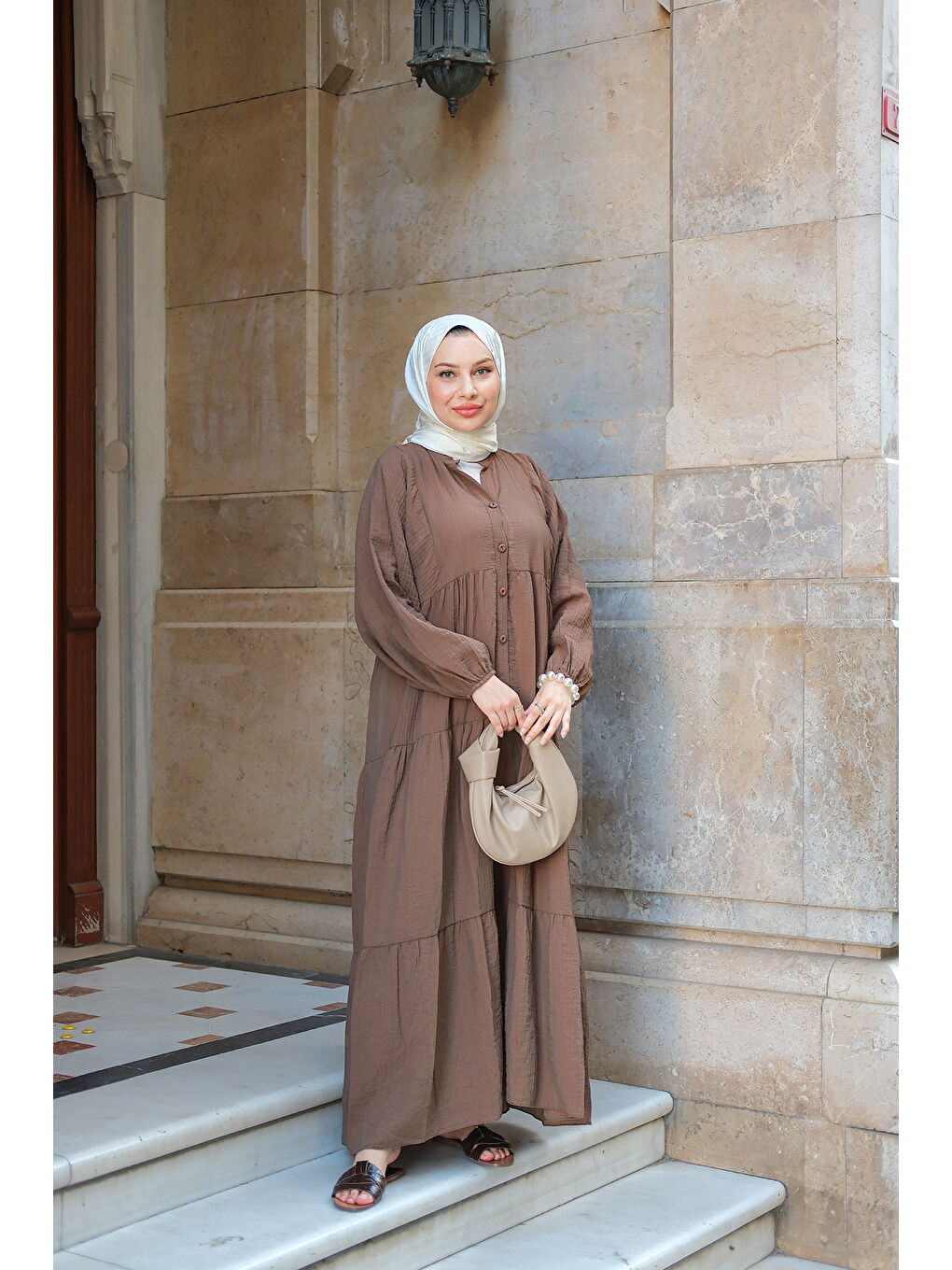 Kadın Kendinden Desenli Elbise Kahverengi-1