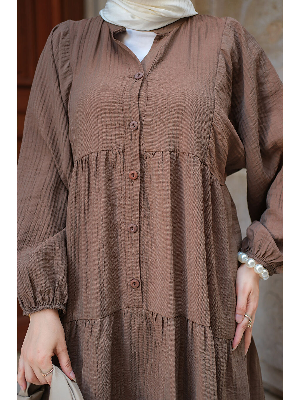 Kadın Kendinden Desenli Elbise Kahverengi-3