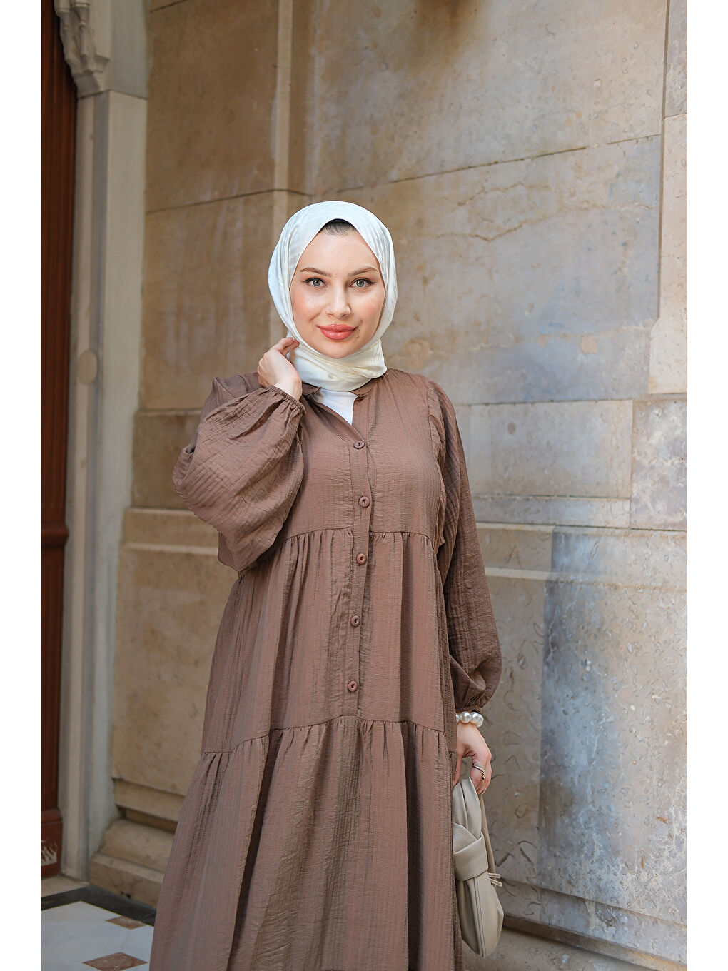 Kadın Kendinden Desenli Elbise Kahverengi-4