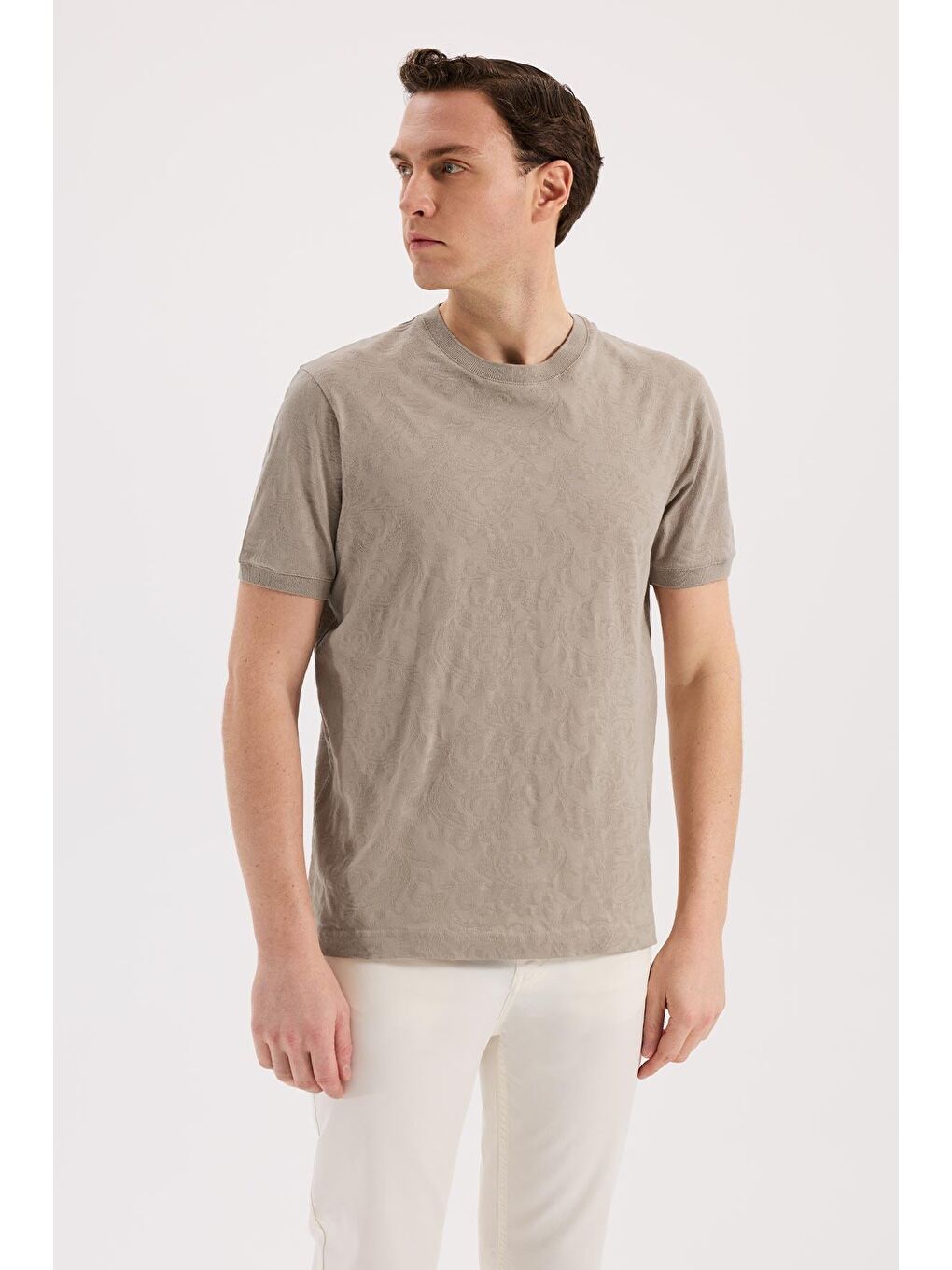 Bej Vizon Slim Fit Bisiklet Yaka Desenli %100 Pamuk T-Shirt