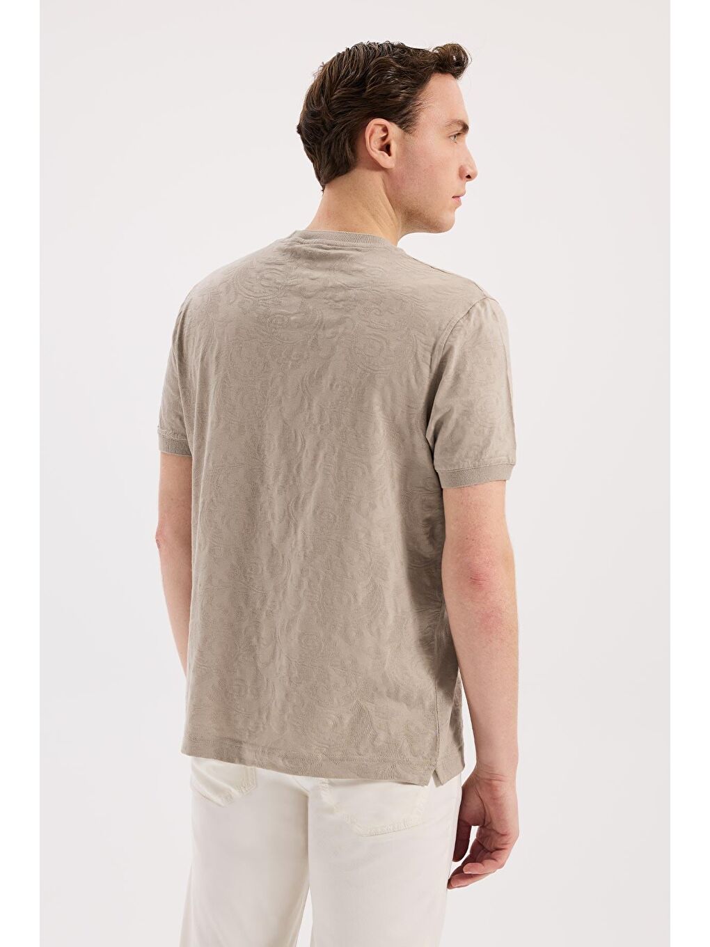 Bej Vizon Slim Fit Bisiklet Yaka Desenli %100 Pamuk T-Shirt-3