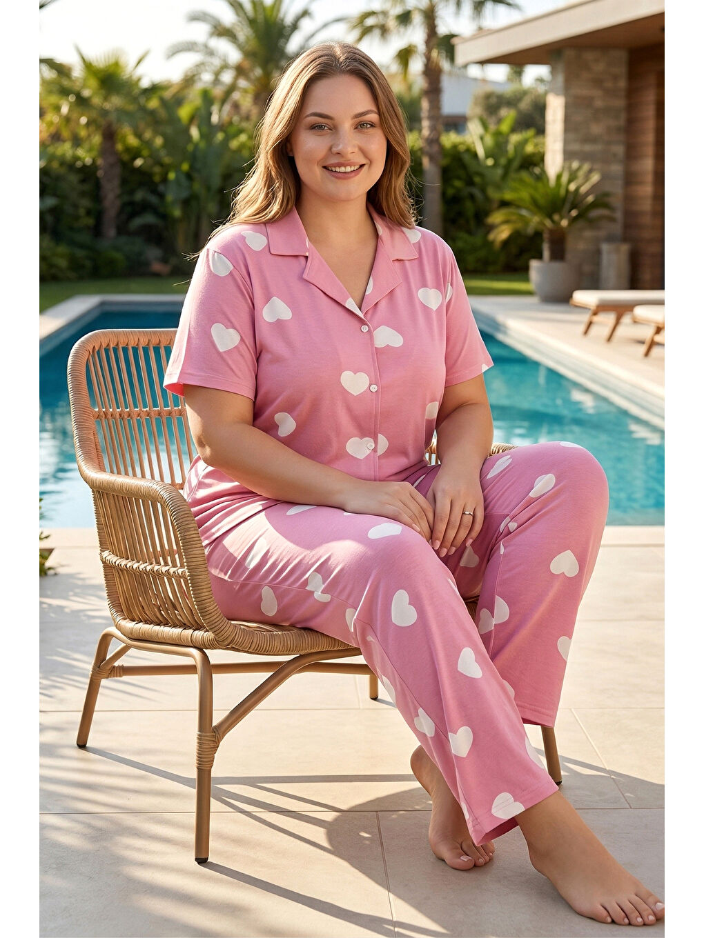 Büyük Beden Kadın Kısa Kol Milan Kumaş Pijama Takımı 50501-2517 Pembe04