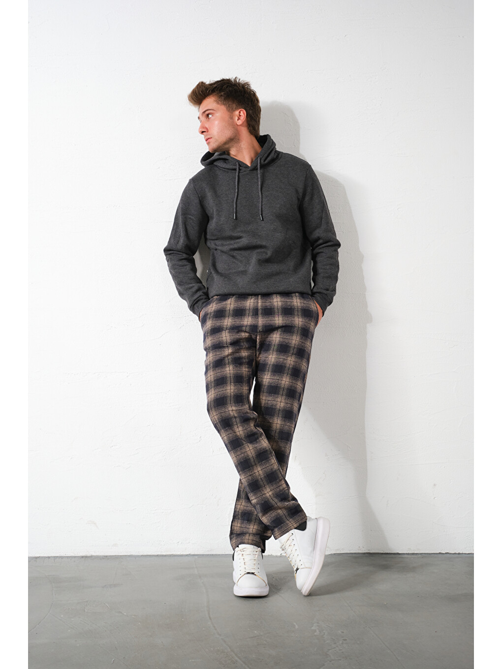 Bej Ekoseli Flanel Pijama Altı Rahat Kesim Dar Paça Pamuklu-4