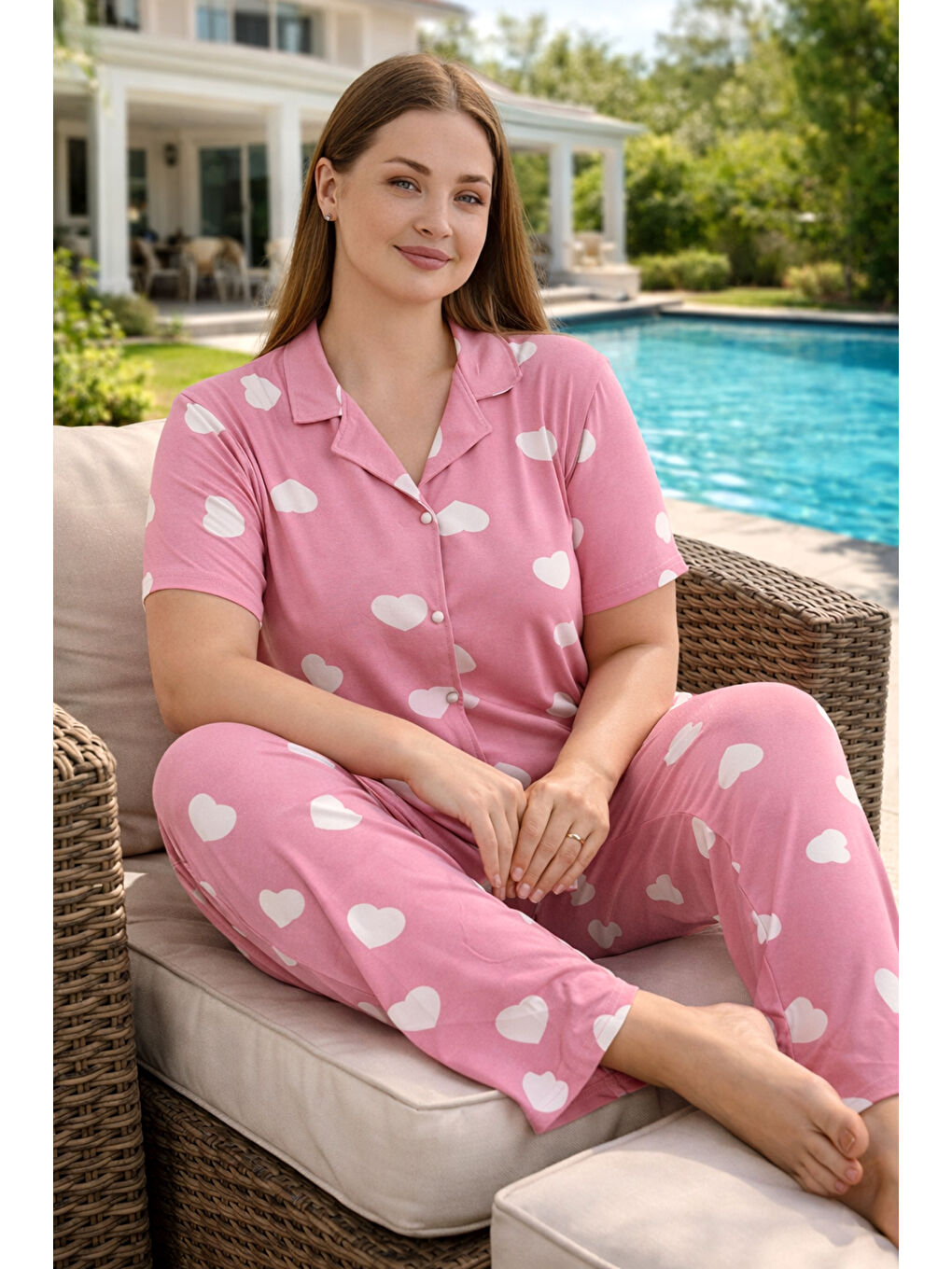 Büyük Beden Kadın Kısa Kol Milan Kumaş Pijama Takımı 50501-2517 Pembe04-3
