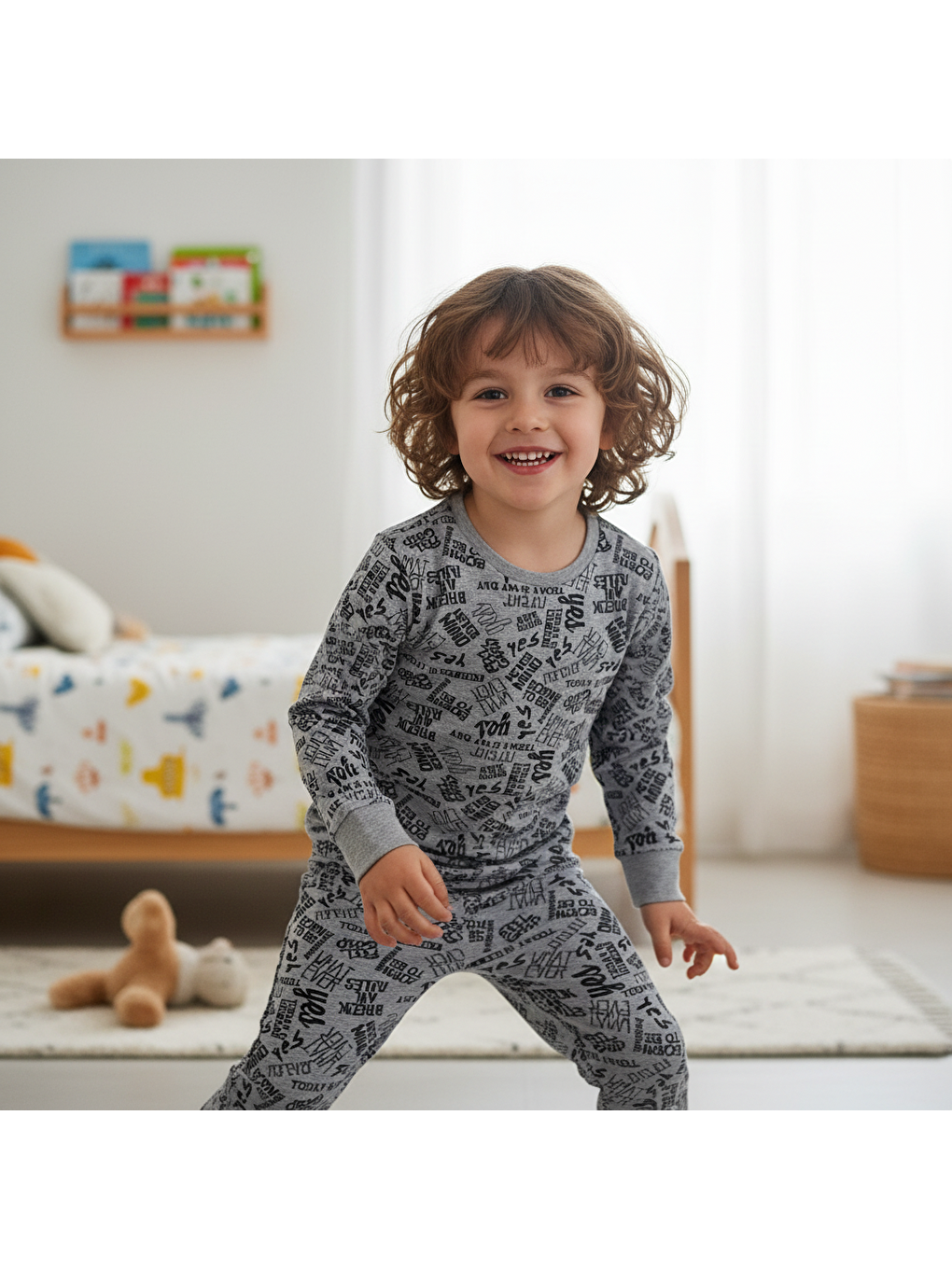 Gri Çocuk Desenli 2'Li Pijama Takımı Cb1000-2