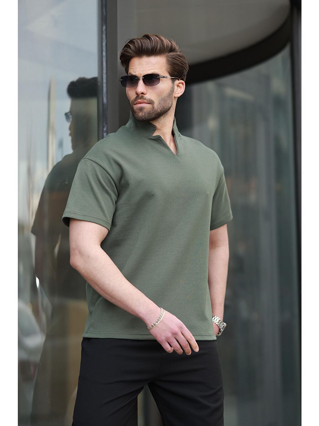 Haki Polo Yaka Erkek Basic T-Shirt E7145-1