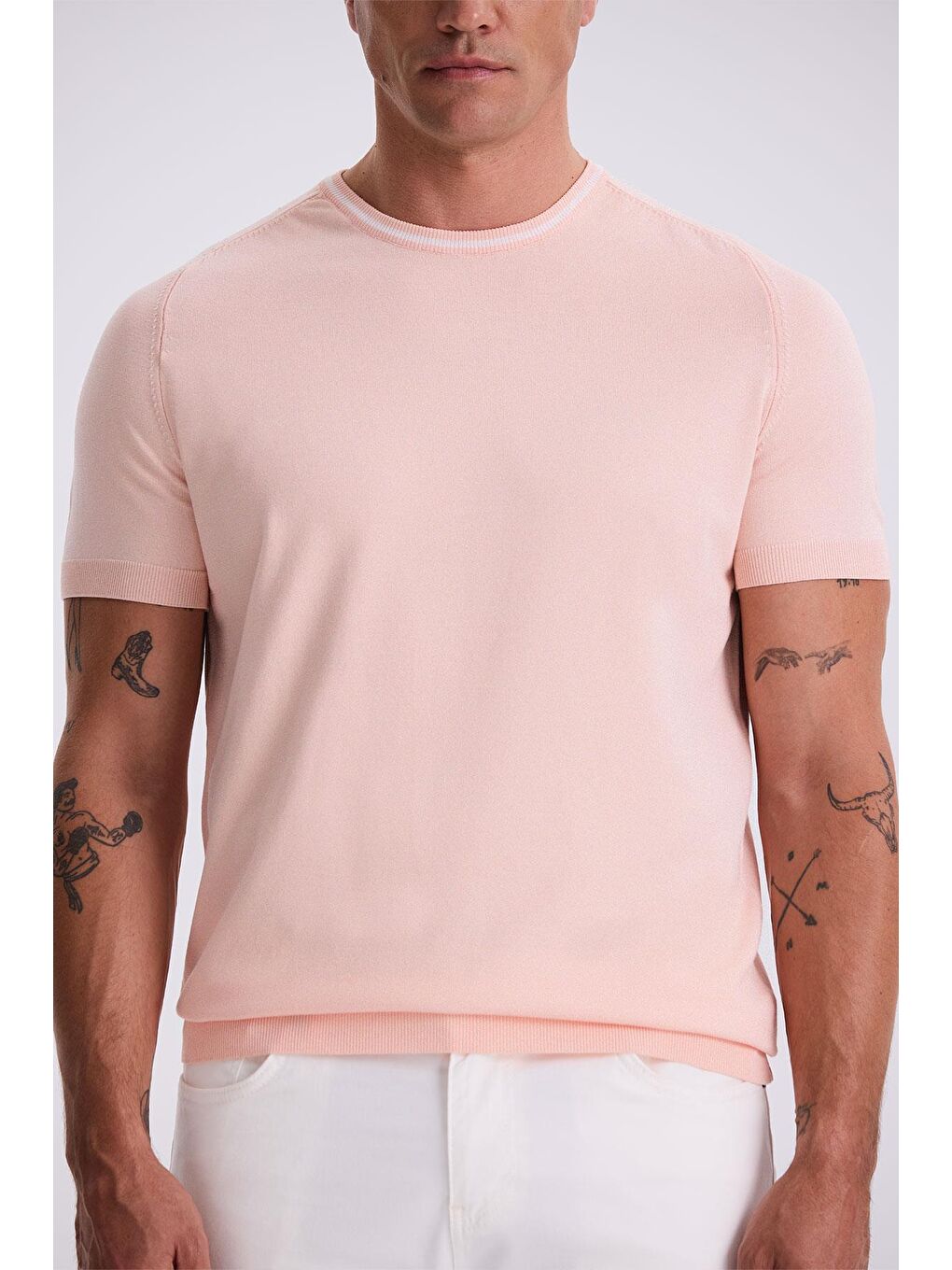 Pembe Slim Fit Triko Bisiklet Yaka T-Shirt-2