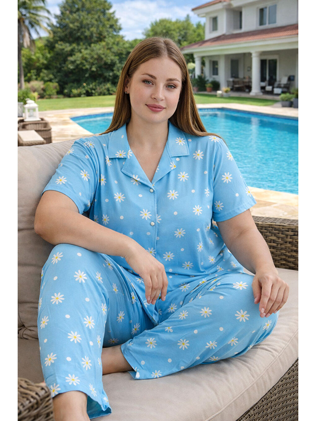 Büyük Beden Kadın Kısa Kol Milan Kumaş Pijama Takımı 50501-2484 Mavi03-1